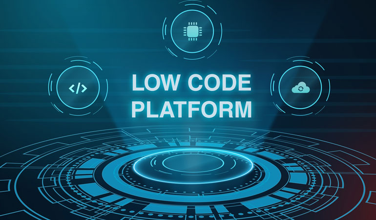 Digital low code software development technology idea. Digital background idea