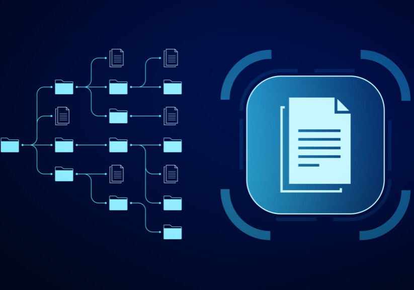 Document management system utilizing AI for automated processes, enhancing workflow productivity and organization. Illustration of digital transformation.